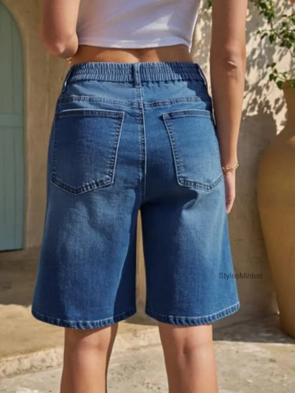 Womens Bermuda Jean Shorts Elastic Waisted Long Denim Shorts Baggy Jorts Knee